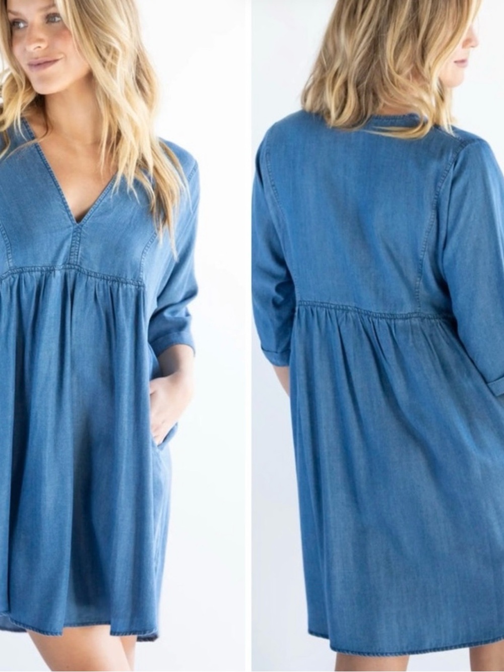 Natural Life Light Denim V-Neck Babydoll Tunic Dress - Blue